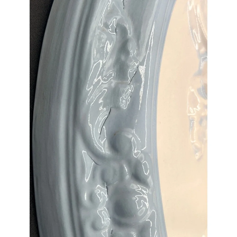 Pair Vtg Chalkware Cameo Wall Plaques Blue‎ White Oval Relief Portraits 12x10.5